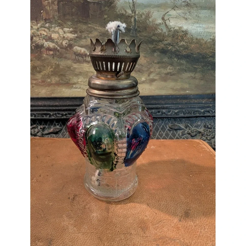 Vintage Multi Color Jewel Glass Oil Lamp Kerosene Lantern 5